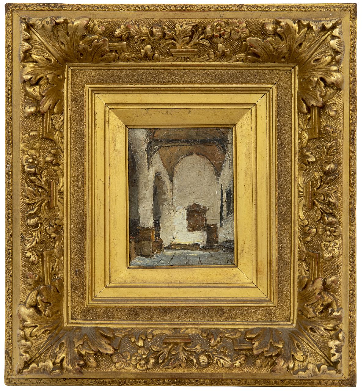 Bosboom J.  | Johannes Bosboom, Innenraum einer Kirche, Öl auf Holz 12,0 x 9,1 cm, Unterzeichnet u.r. mit Initialen