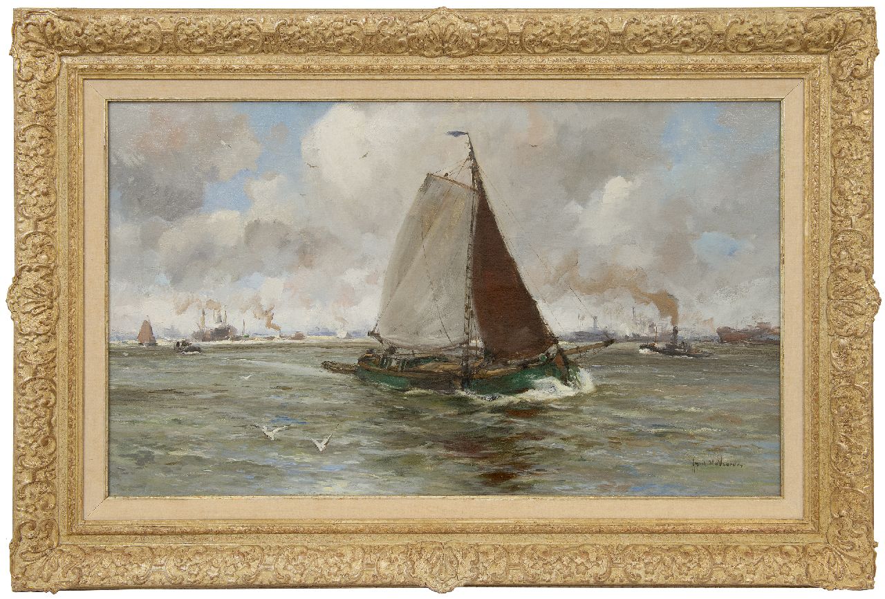 Voorden A.W. van | August Willem van Voorden | Gemälde zum Verkauf angeboten | Lastkahn auf dem Fluss Maasr, Öl auf Leinwand 57,6 x 97,9 cm, Unterzeichnet u.r.