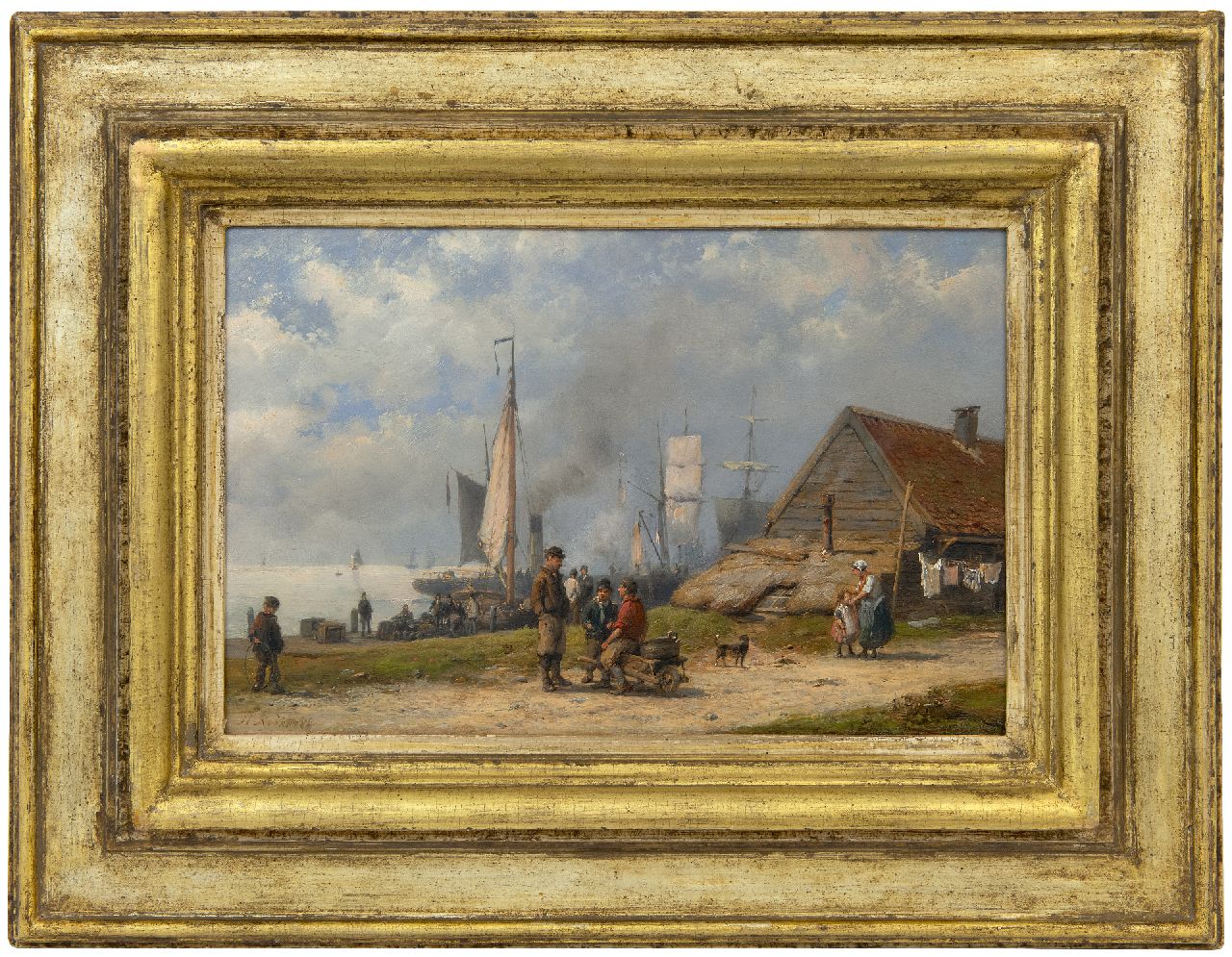 Koekkoek H.  | Hermanus Koekkoek, Fischer und Reisenden an einem Hafen, Öl auf Holz 21,3 x 32,5 cm, Unterzeichnet u.l.