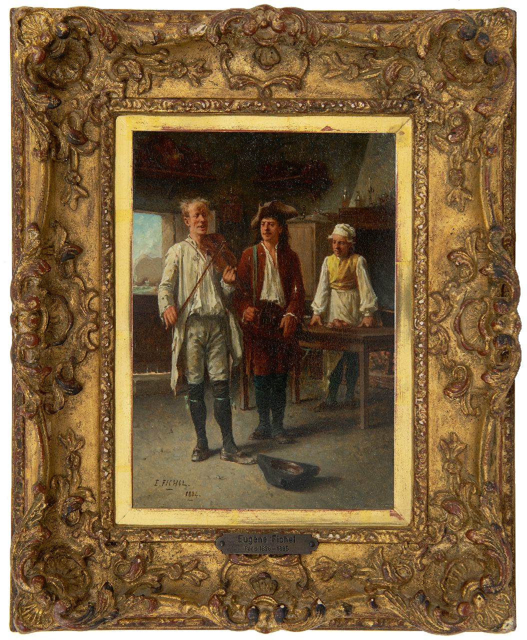 Fichel B.E.  | Benjamin 'Eugène' Fichel | Gemälde zum Verkauf angeboten | Der Geiger, Öl auf Holz 22,0 x 15,8 cm, Unterzeichnet u.l. und datiert 1884