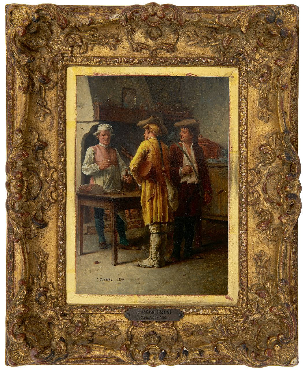 Fichel B.E.  | Benjamin 'Eugène' Fichel | Gemälde zum Verkauf angeboten | Pause im Gasthaus, Öl auf Holz 22,0 x 15,7 cm, Unterzeichnet u.l. und datiert 1884