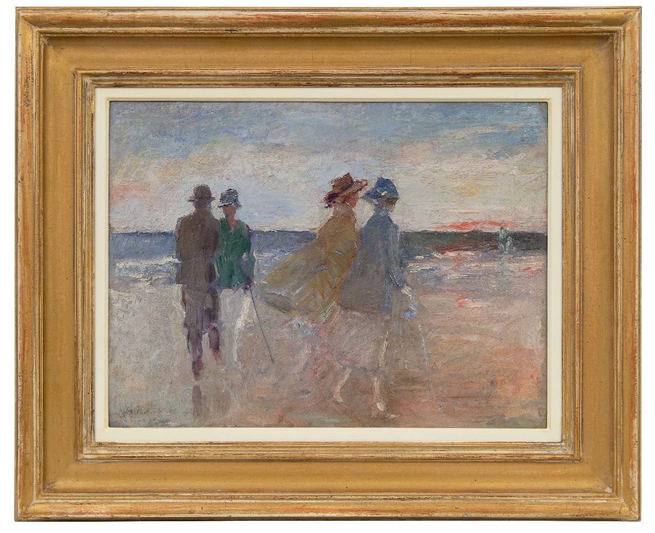 Rinke J.  | 'Jan' Frederik Rinke, Spazieren am Strand von Scheveningen bei Sonnenuntergang, Öl auf Holzfaser 30,1 x 40,2 cm, Unterzeichnet u.l. (Reste)