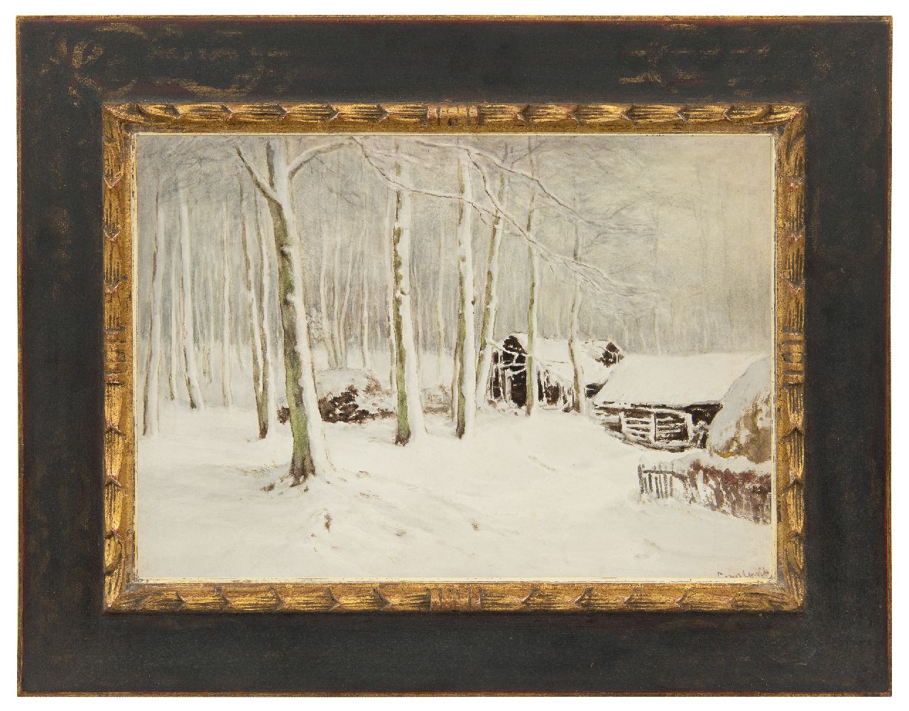 Apol L.F.H.  | Lodewijk Franciscus Hendrik 'Louis' Apol | Aquarelle und Zeichnungen zum Verkauf angeboten | Schneebedeckte Scheunen im Wald, Gouache auf Papier 36,5 x 52,1 cm, Unterzeichnet u.r.