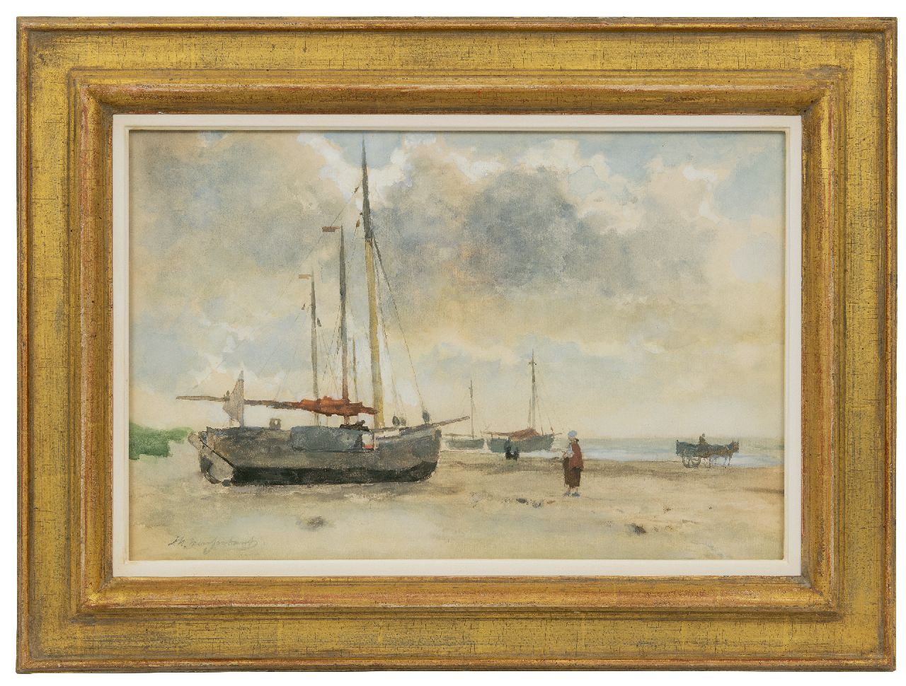 Weissenbruch H.J.  | Hendrik Johannes 'J.H.' Weissenbruch, 'Bomschiffe' auf dem Strand, Aquarell auf Papier 32,8 x 49,6 cm, Unterzeichnet u.l.