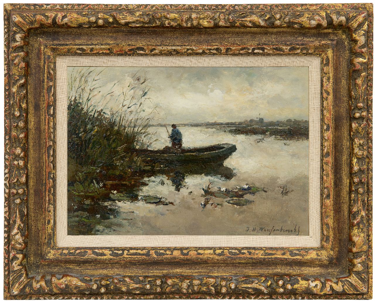 Weissenbruch H.J.  | Hendrik Johannes 'J.H.' Weissenbruch, Fischer in einem Polderkanal, Öl auf Holz 20,2 x 28,3 cm, Unterzeichnet u.r. und zu datieren um 1890-1895.