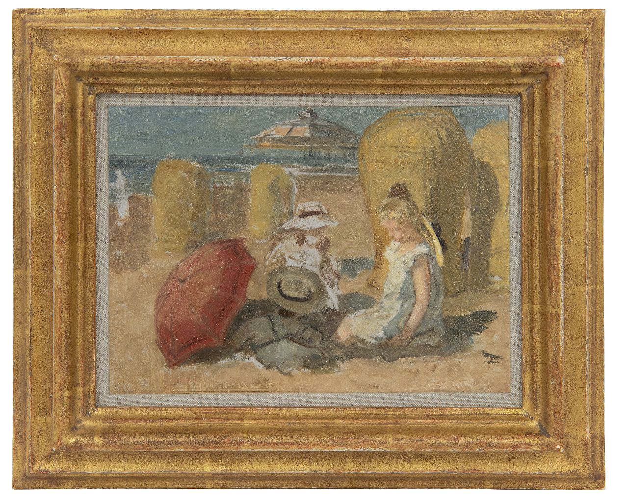 Jonge J.A. de | Johan Antoni de Jonge | Gemälde zum Verkauf angeboten | Kinder am Strand von Scheveningen, Öl auf Malereifaser 16,0 x 22,0 cm