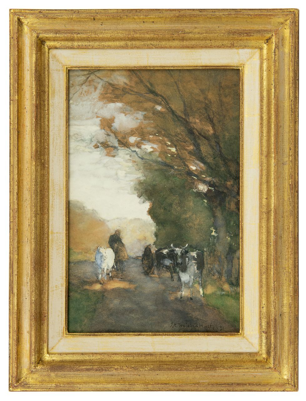 Weissenbruch H.J.  | Hendrik Johannes 'J.H.' Weissenbruch, Vieh am Waldrand entlang, Aquarell auf Papier 35,3 x 22,8 cm, Unterzeichnet u.r. und datiert '91