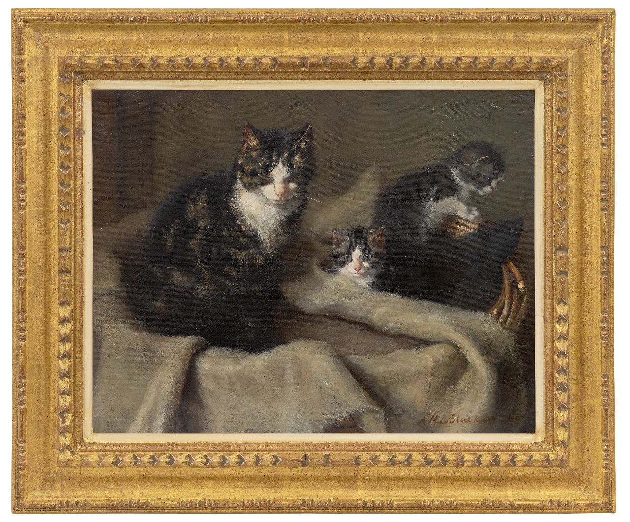 Kruijff A.M.  | Anna Maria Kruijff, Mutterkatze mit zwei Kätschen, Öl auf Leinwand 35,2 x 45,4 cm, Unterzeichnet u.r. und datiert 1908