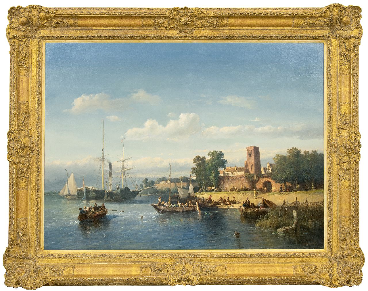 Verveer S.L.  | 'Salomon' Leonardus Verveer | Gemälde zum Verkauf angeboten | Die Merwede bei Woudrichem mit Raderboot und Fähre, Öl auf Leinwand 76,0 x 102,3 cm, Unterzeichnet r.u. und datiert '51