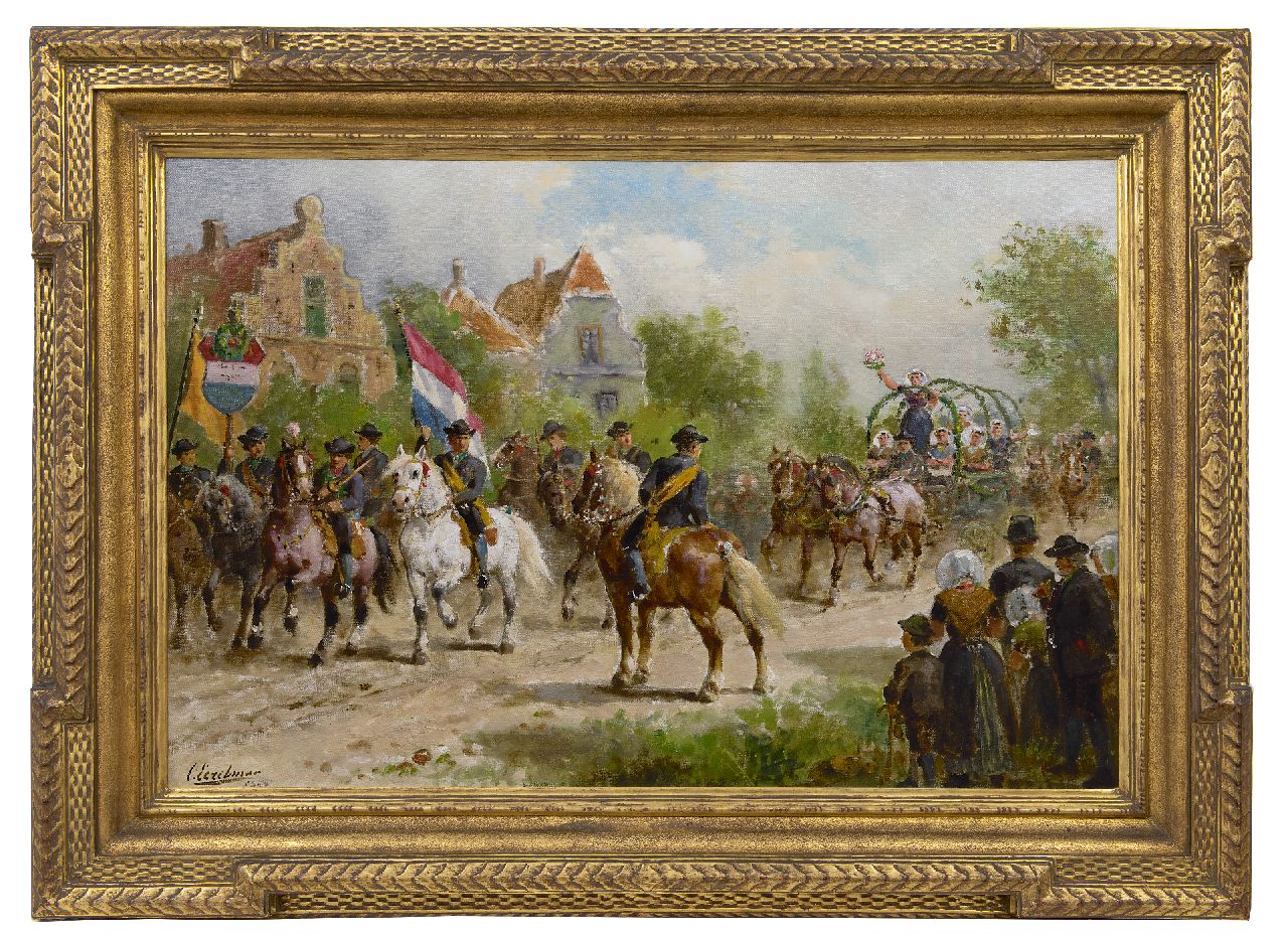 Eerelman O.  | Otto Eerelman | Gemälde zum Verkauf angeboten | Bauernaufzug nach dem Ringreiten in Oudelande, Zuid-Beveland, Öl auf Leinwand 60,4 x 90,6 cm, Unterzeichnet u.l. und datiert 1923