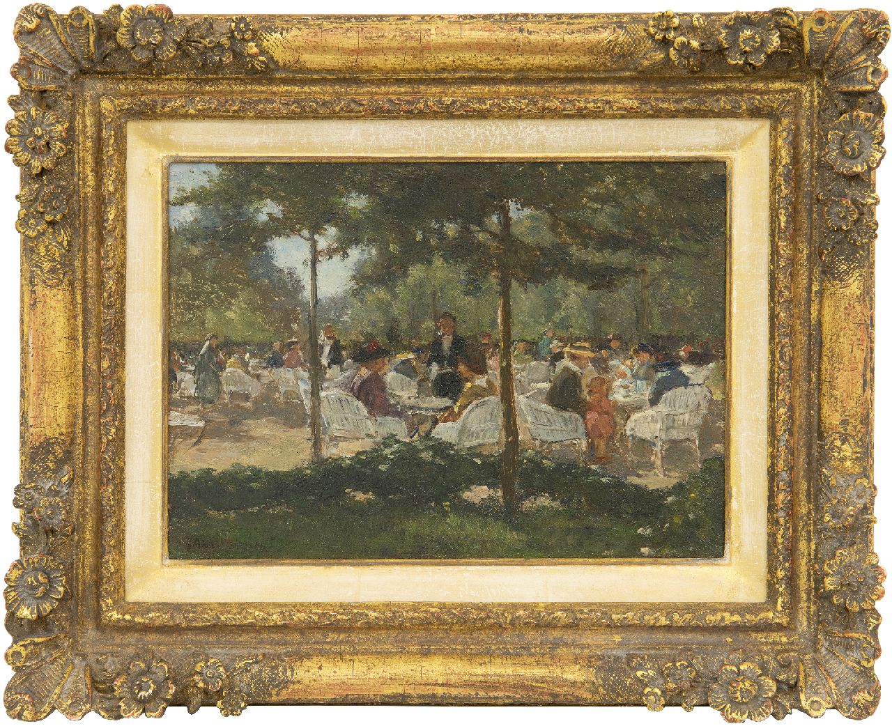 Akkeringa J.E.H.  | 'Johannes Evert' Hendrik Akkeringa, Teegarten (vermutlich Boschhek, Den Haag), Öl auf Holz 16,9 x 22,9 cm, Unterzeichnet u.l.