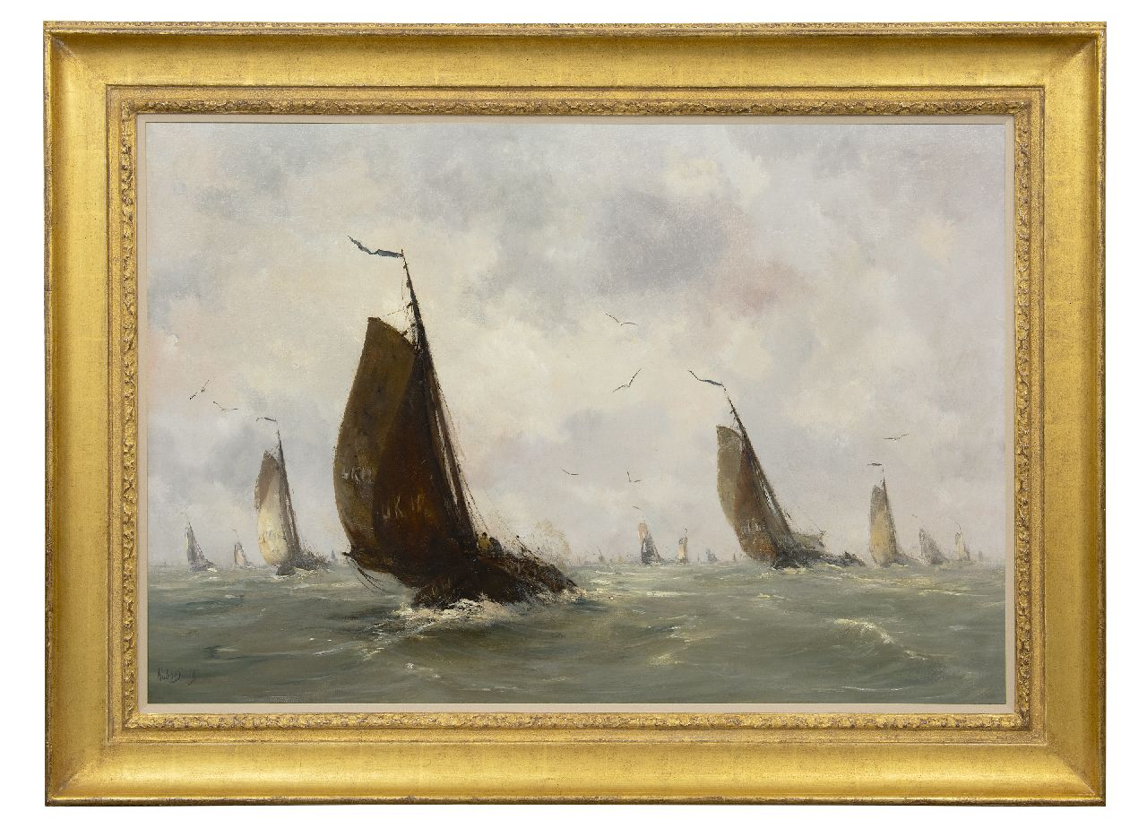 Smith H.  | Hobbe Smith, Ausfahrende Urker Fischerboote, Öl auf Leinwand 72,5 x 107,3 cm, Unterzeichnet u.l.