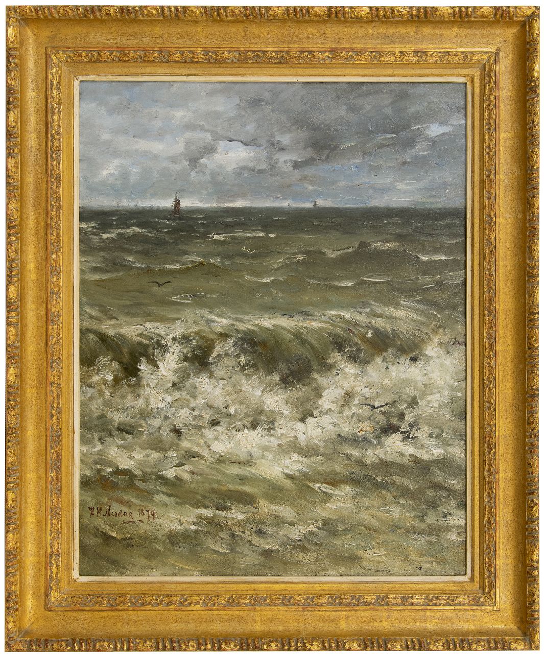 Mesdag H.W.  | Hendrik Willem Mesdag, Brandung mit Schiffe in die Ferne, Öl auf Leinwand auf Holz 88,6 x 69,5 cm, Unterzeichnet u.l. und datiert 1879