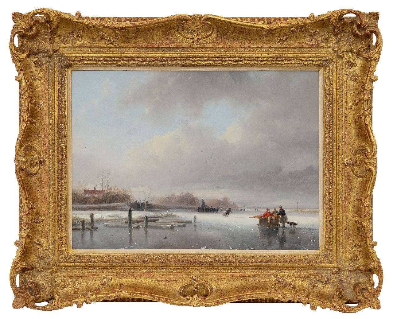 Schelfhout A.  | Andreas Schelfhout, Zugefrorener Fluss mit Schlittschuhläufern und einer 'Koek-en-Zopie'- Bude, Öl auf Holz 29,5 x 39,7 cm, Unterzeichnet u.l. und datiert um 1832-1834