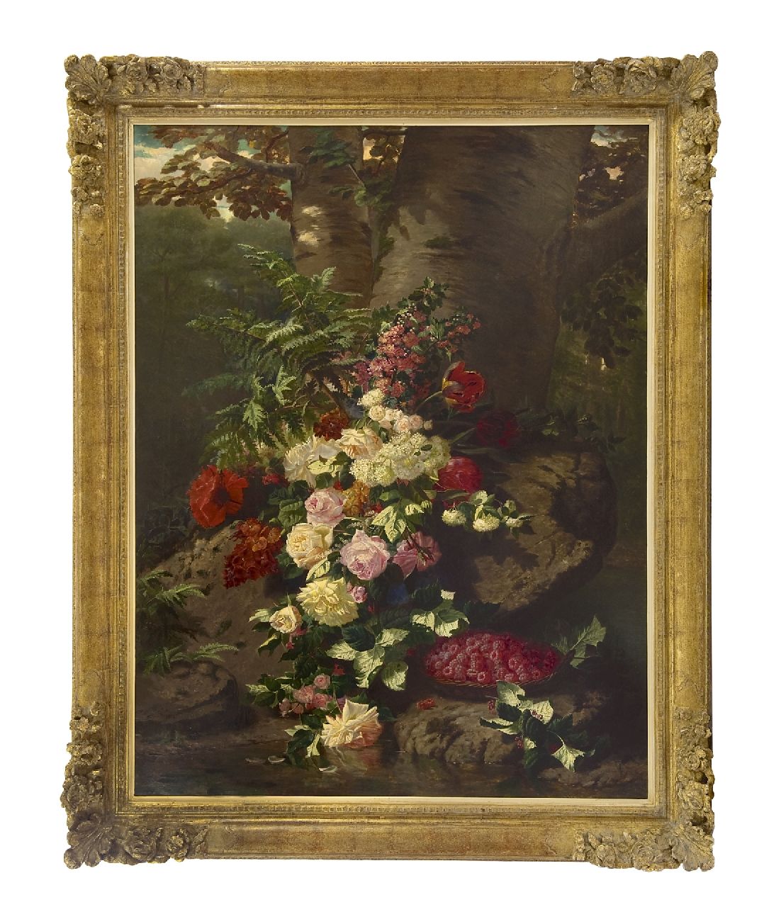 Robie J.B.  | Jean-Baptiste Robie | Gemälde zum Verkauf angeboten | Blumenstilleben mit Rosen, blühenden Zweigen und Himbeeren, Öl auf Leinwand 137,7 x 106,0 cm, Unterzeichnet l.u. und datiert 'Bruxelles' 1864