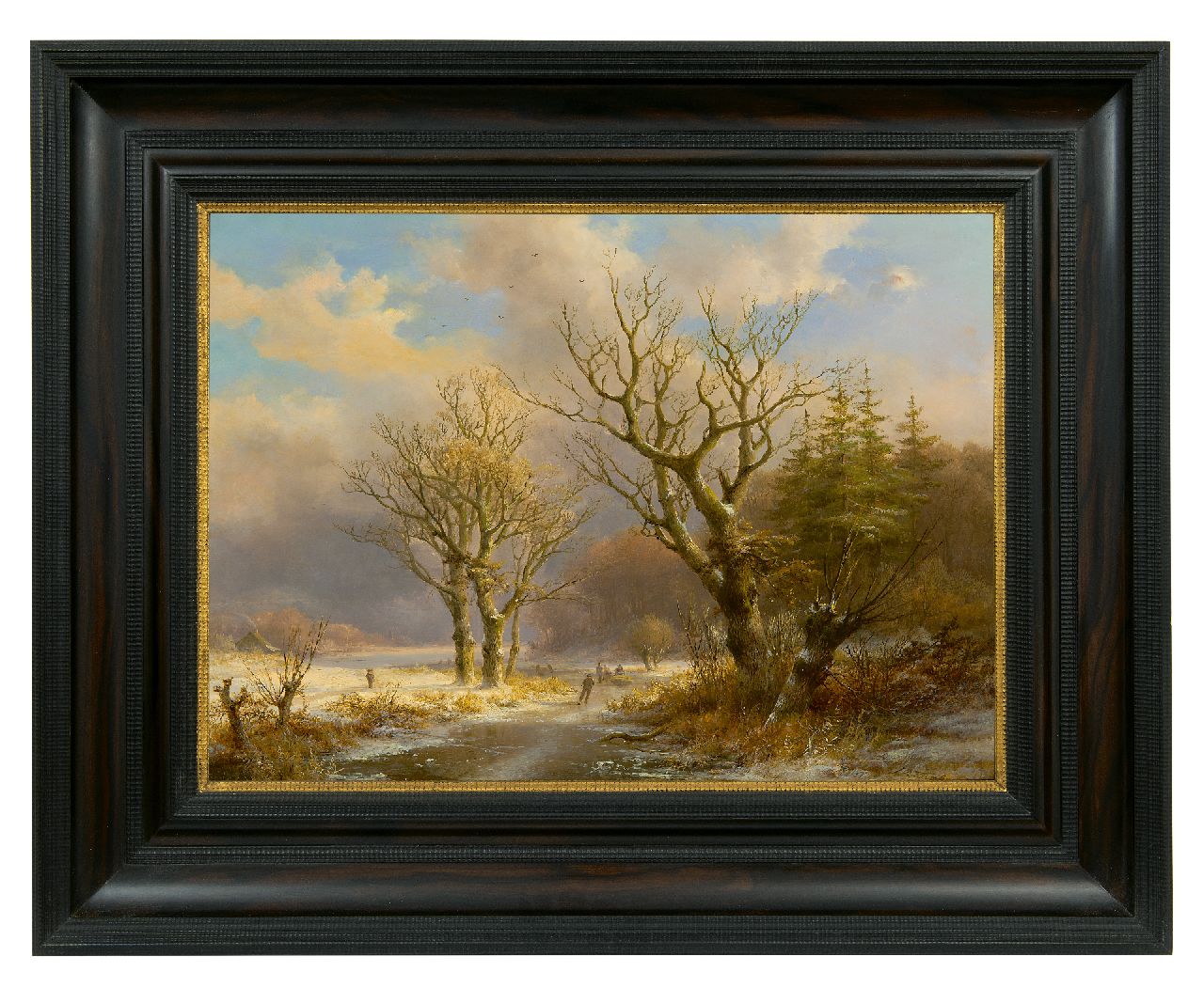 Klombeck J.B.  | Johann Bernard Klombeck | Gemälde zum Verkauf angeboten | Winterlandschaft mit Schlittschuhläufern, Öl auf Holz 38,7 x 53,6 cm, Unterzeichnet r.u.