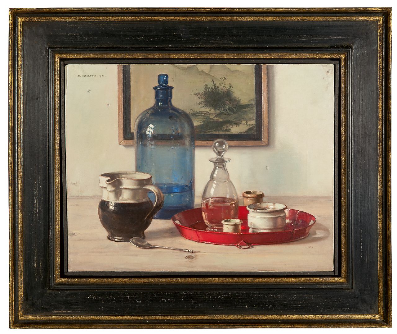 Bogaerts J.J.M.  | Johannes Jacobus Maria 'Jan' Bogaerts | Gemälde zum Verkauf angeboten | Stilleben mit blauer Flasche und Töpfchen, Öl auf Leinwand 34,7 x 45,4 cm, Unterzeichnet o.l. und datiert 1943