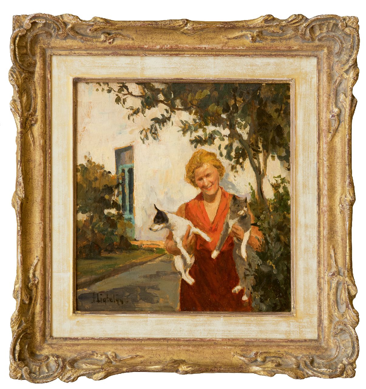 Ligtelijn E.J.  | Evert Jan Ligtelijn, Frau mit Hund und Katze im Garten, Öl auf Holz 24,0 x 22,7 cm, Unterzeichnet u.l.