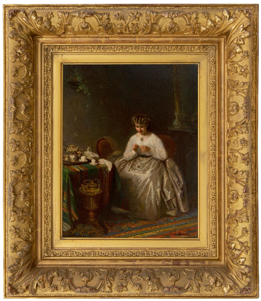 Neuhuys J.A.  | Johannes 'Albert' Neuhuys | Gemälde zum Verkauf angeboten | Nähende Frau, Öl auf Holz 40,1 x 31,1 cm, Unterzeichnet u.r.