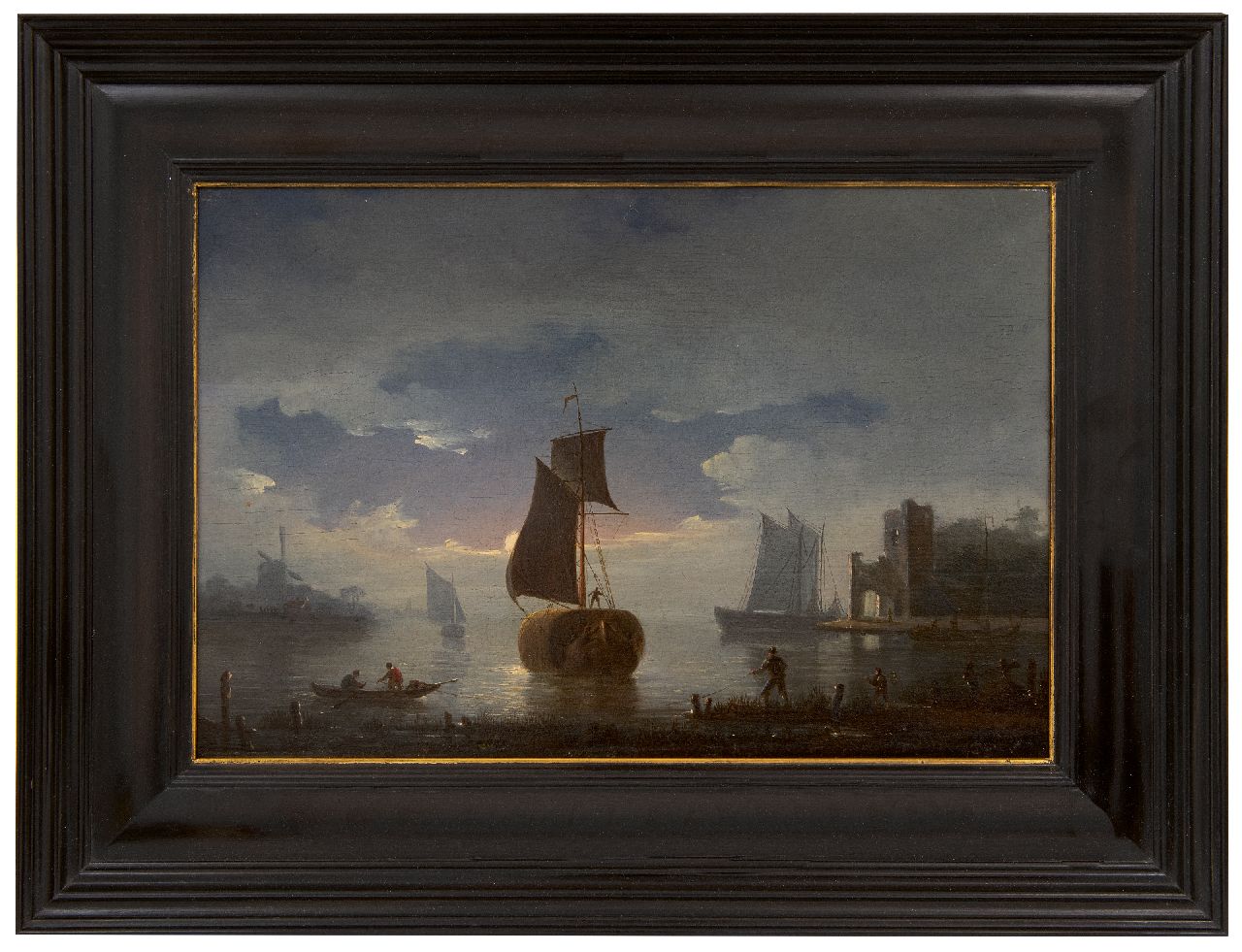 Gruijter G.  | Gerrit Gruijter | Gemälde zum Verkauf angeboten | Festmachendes Heuschiff im Mondschein, Öl auf Holz 22,4 x 33,0 cm