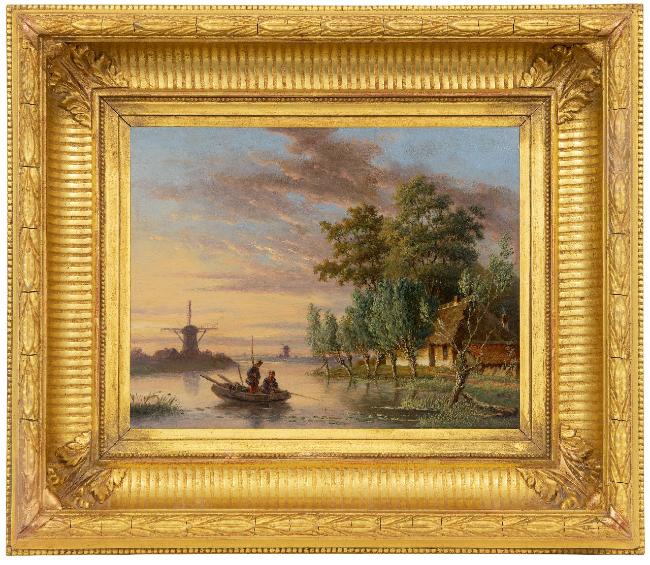 Meijier A.A. de | Anthony Andreas de Meijier | Gemälde zum Verkauf angeboten | Flusslandschaft mit Fischern, bei Sonnenuntergang., Öl auf Holz 22,6 x 30,0 cm, Unterzeichnet r.u.