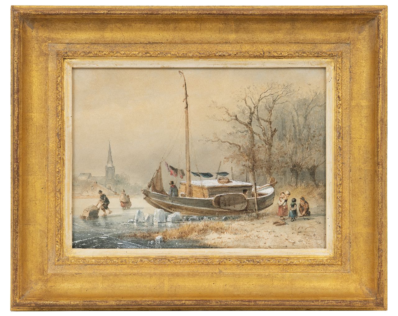 Smits J.G.  | Jan Gerard Smits | Aquarelle und Zeichnungen zum Verkauf angeboten | Winterlandschaft mit mit festgefrorenen Schiff, Aquarell auf Papier 22,0 x 30,0 cm, Unterzeichnet u.r. und datiert '50