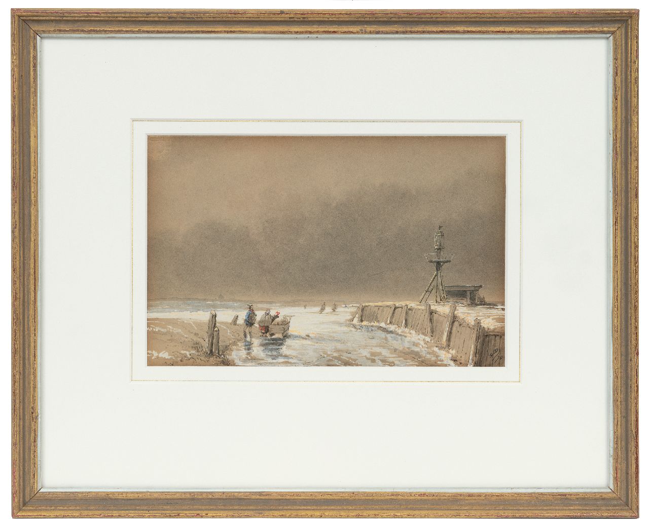 Schelfhout A.  | Andreas Schelfhout | Aquarelle und Zeichnungen zum Verkauf angeboten | Figuren auf dem Eis bei einem Leuchtfeuer, Tinte und Aquarell auf Papier 14,0 x 22,5 cm