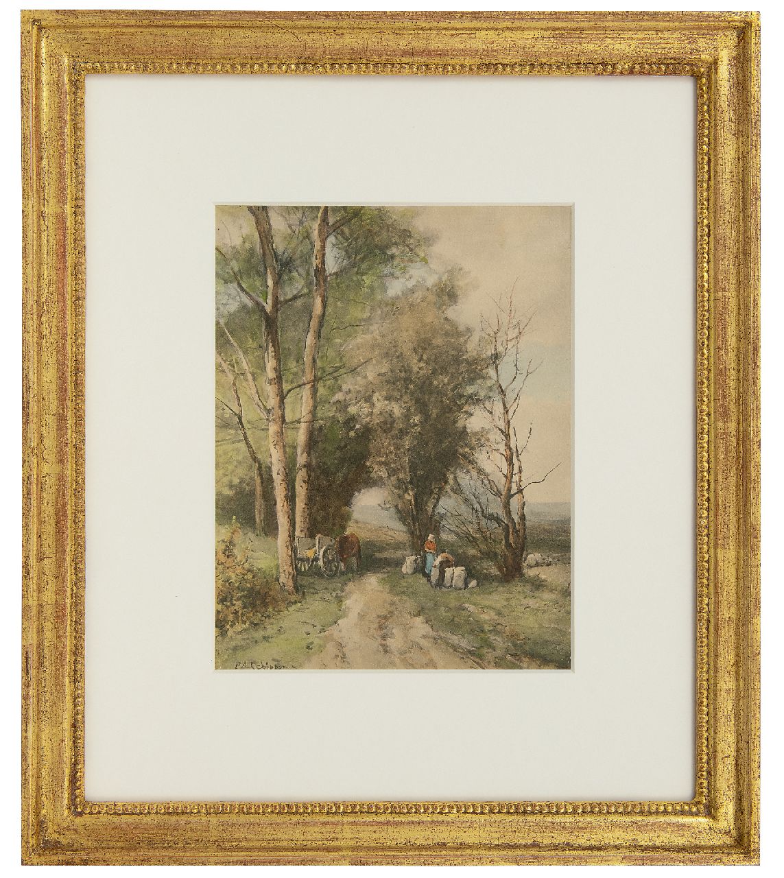 Schipperus P.A.  | Pieter Adrianus 'Piet' Schipperus, Waldweg mit Bauernwagen und Figuren, Aquarell auf Papier 25,7 x 19,9 cm, Unterzeichnet u.l.