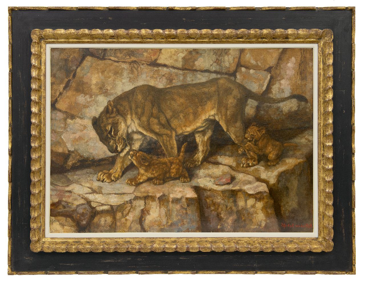 Poll D.H. van der | Daniël Herbert van der Poll | Gemälde zum Verkauf angeboten | Löwin mit ihren Jungen, Öl auf Leinwand 49,5 x 69,8 cm, Unterzeichnet u.r.
