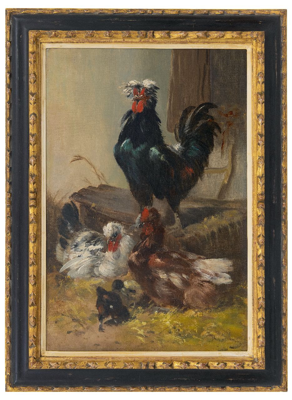 Schouten H.  | Henry Schouten | Gemälde zum Verkauf angeboten | Schwarzer Hahn mit Hühnern, Öl auf Leinwand 60,2 x 40,3 cm, Unterzeichnet u.r.
