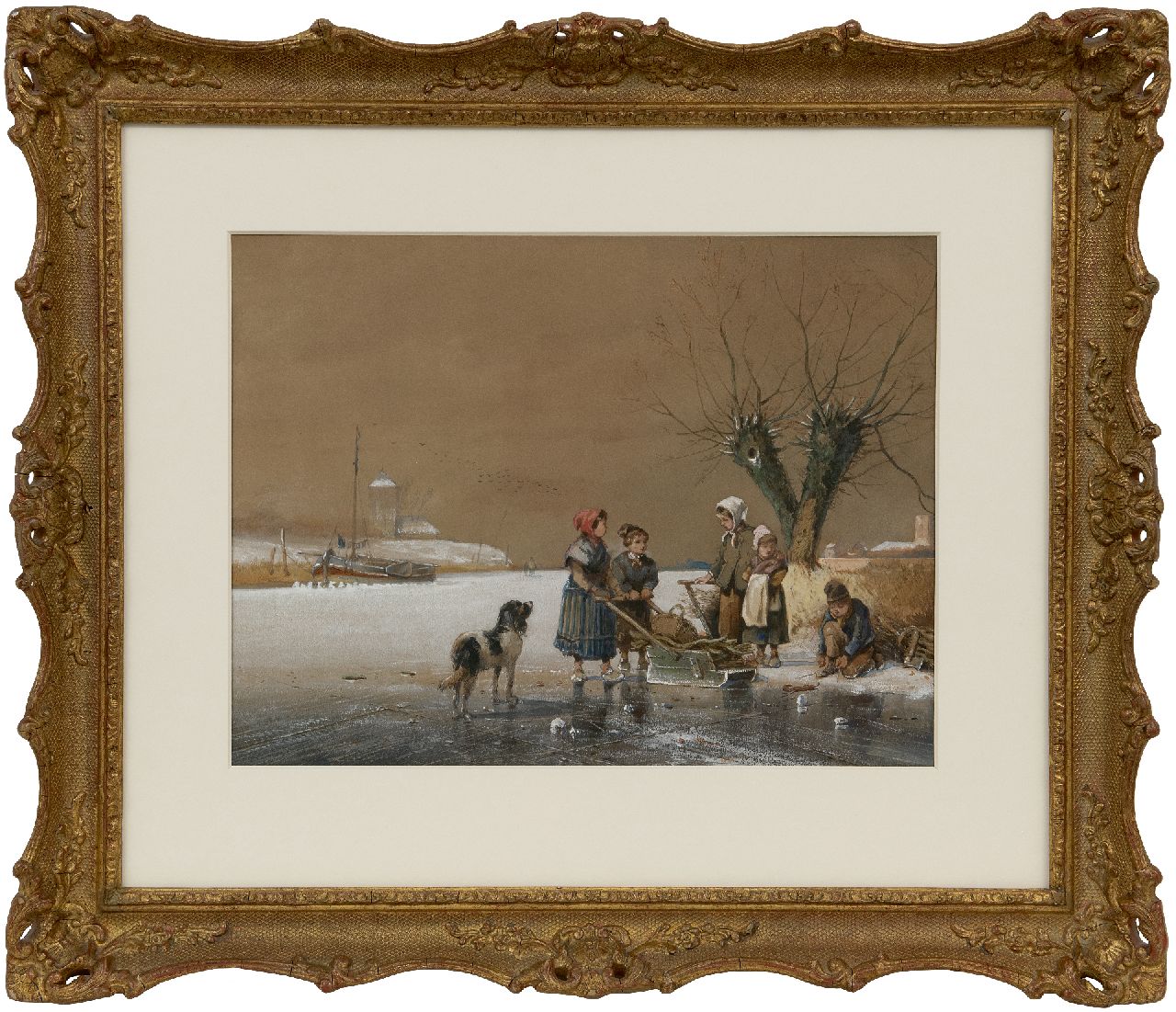 Smits J.G.  | Jan Gerard Smits, Kinder auf dem Eis, Aquarell und Gouache auf Papier 26,5 x 35,5 cm