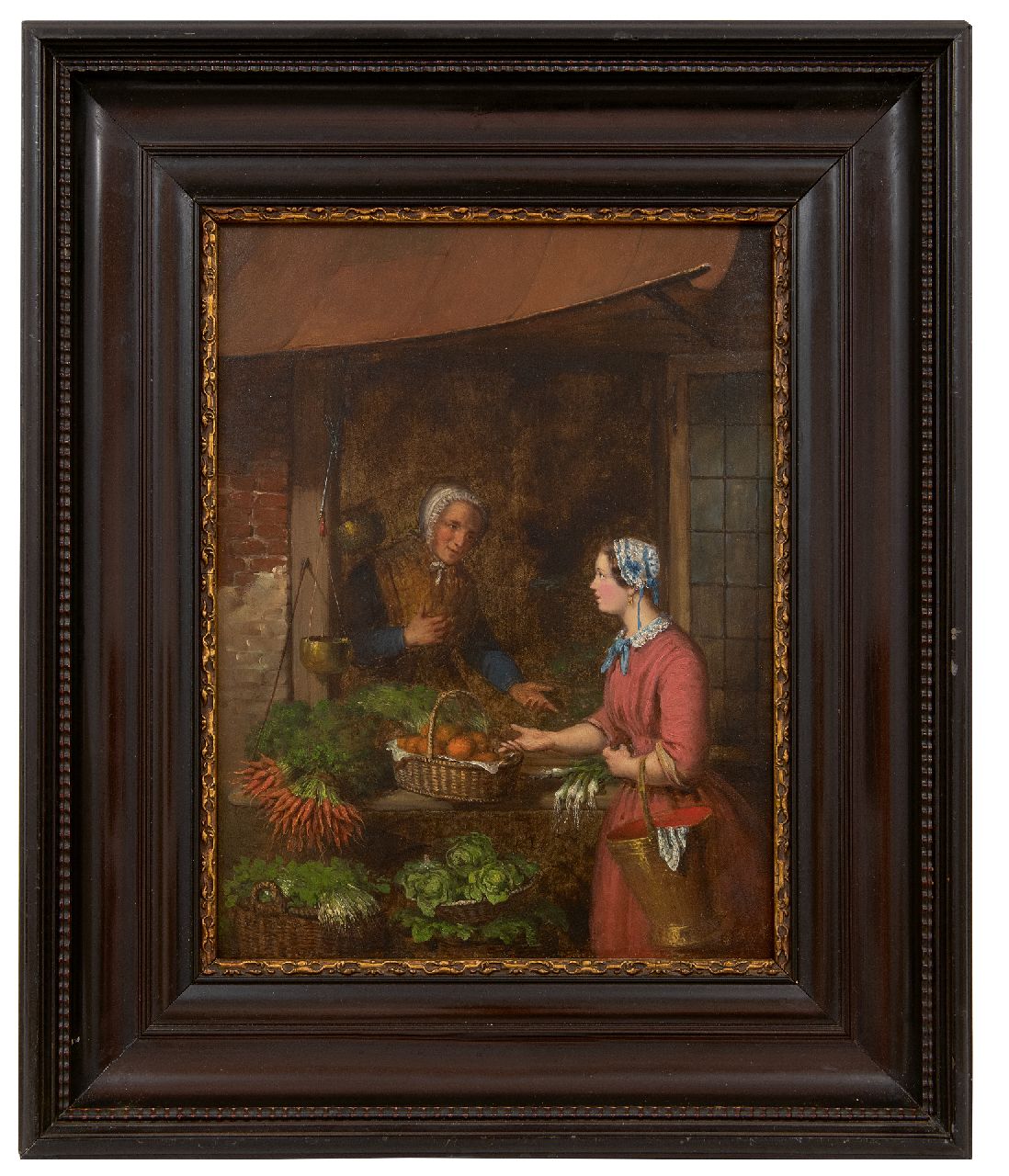 Pez A.  | Aimé Pez | Gemälde zum Verkauf angeboten | Ein Gespräch am Gemüsestand, Öl auf Holz 34,6 x 26,0 cm, Unterzeichnet r.u. und datiert 1848