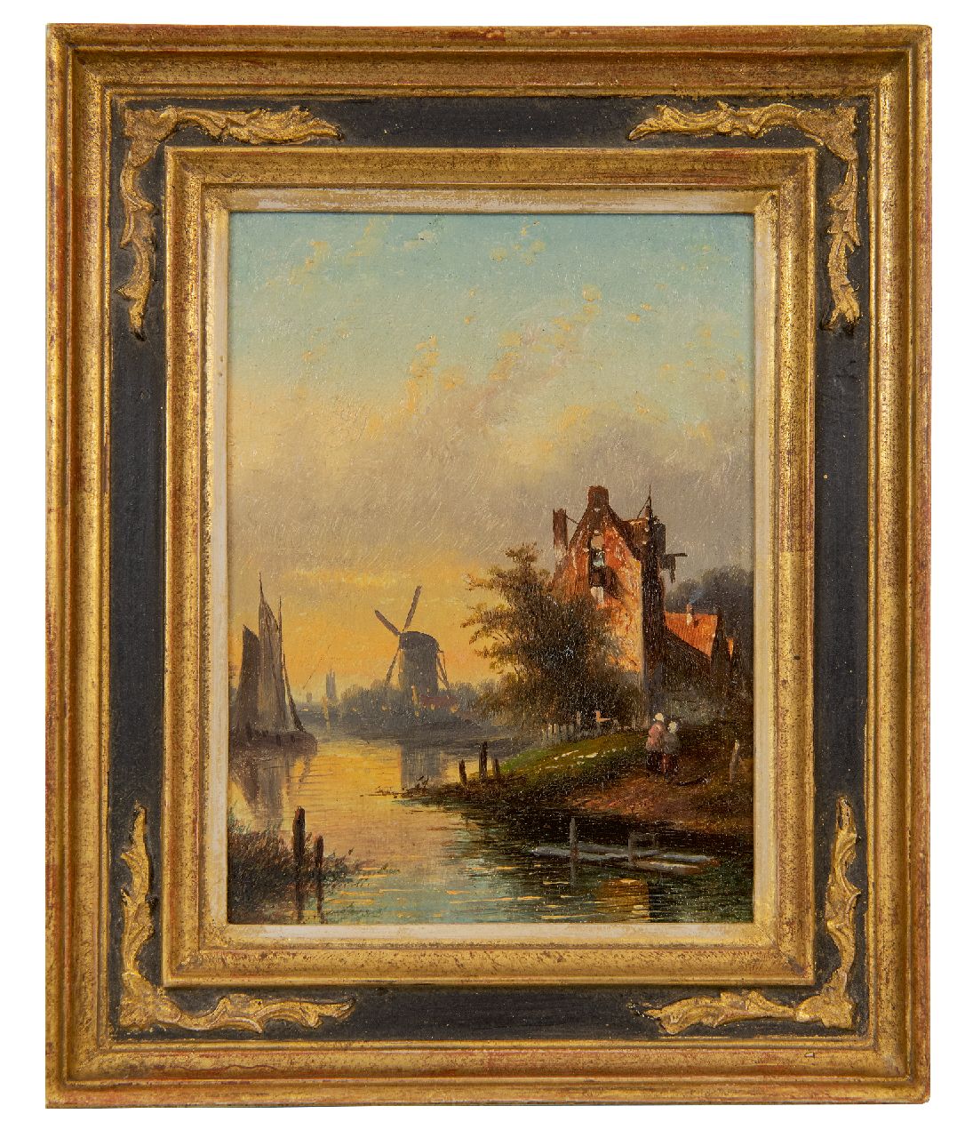 Spohler J.J.C.  | Jacob Jan Coenraad Spohler | Gemälde zum Verkauf angeboten | Flusslandschaft mit Segelschiff, Figuren und Mühle, Öl auf Holz 16,0 x 11,9 cm