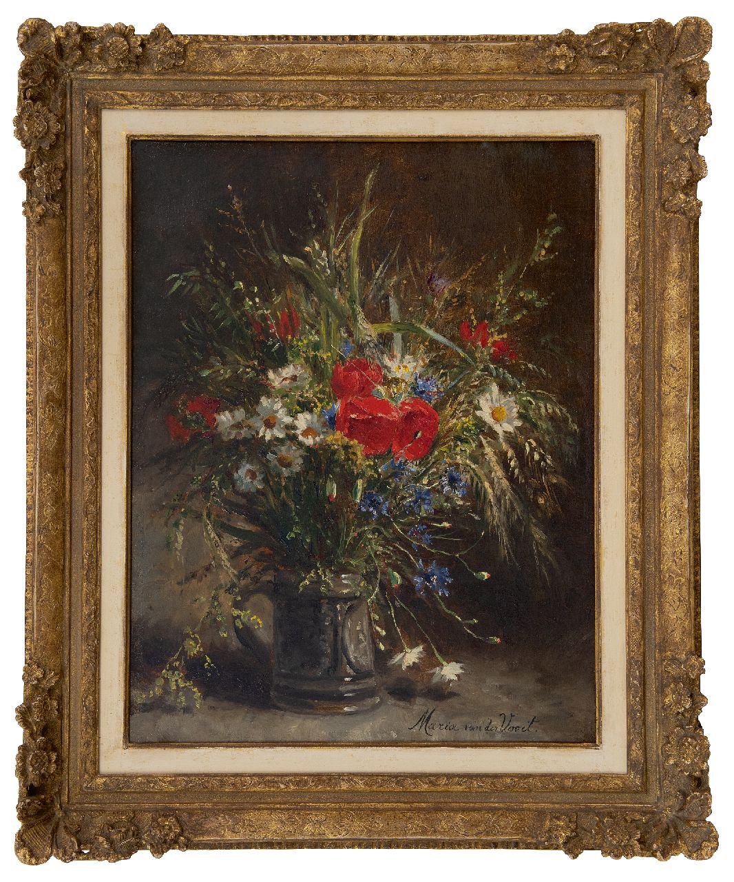 Voort in de Betouw-Nourney M. van der | Maria van der Voort in de Betouw-Nourney | Gemälde zum Verkauf angeboten | Feldstrauß in einem Steinbecher, Öl auf Leinwand 53,8 x 41,5 cm, signed l.r.