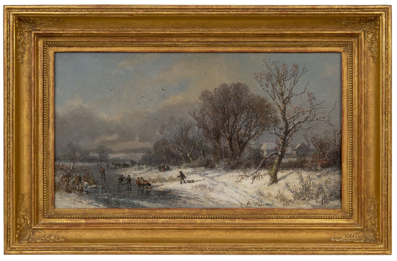 Stademann A.  | Adolf Stademann | Gemälde zum Verkauf angeboten | Winterlandschaft mit Pferd und Wagen und Kindern auf dem Eis, Öl auf Leinwand 31,0 x 56,0 cm, Unterzeichnet u.r.