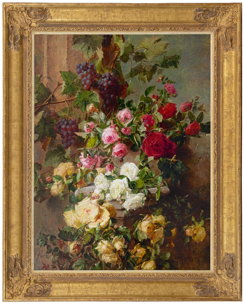 Haanen A.J.  | 'Adriana' Johanna Haanen, Stilleben mit Rosen und Trauben, Öl auf Leinwand 101,6 x 76,5 cm, Unterzeichnet u.r. und datiert 1874