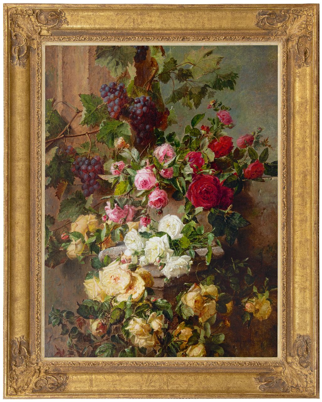 Haanen A.J.  | Adriana Johanna Haanen, Stilleben mit Rosen und Trauben, Öl auf Leinwand 101,6 x 76,5 cm, Unterzeichnet u.r. und datiert 1874