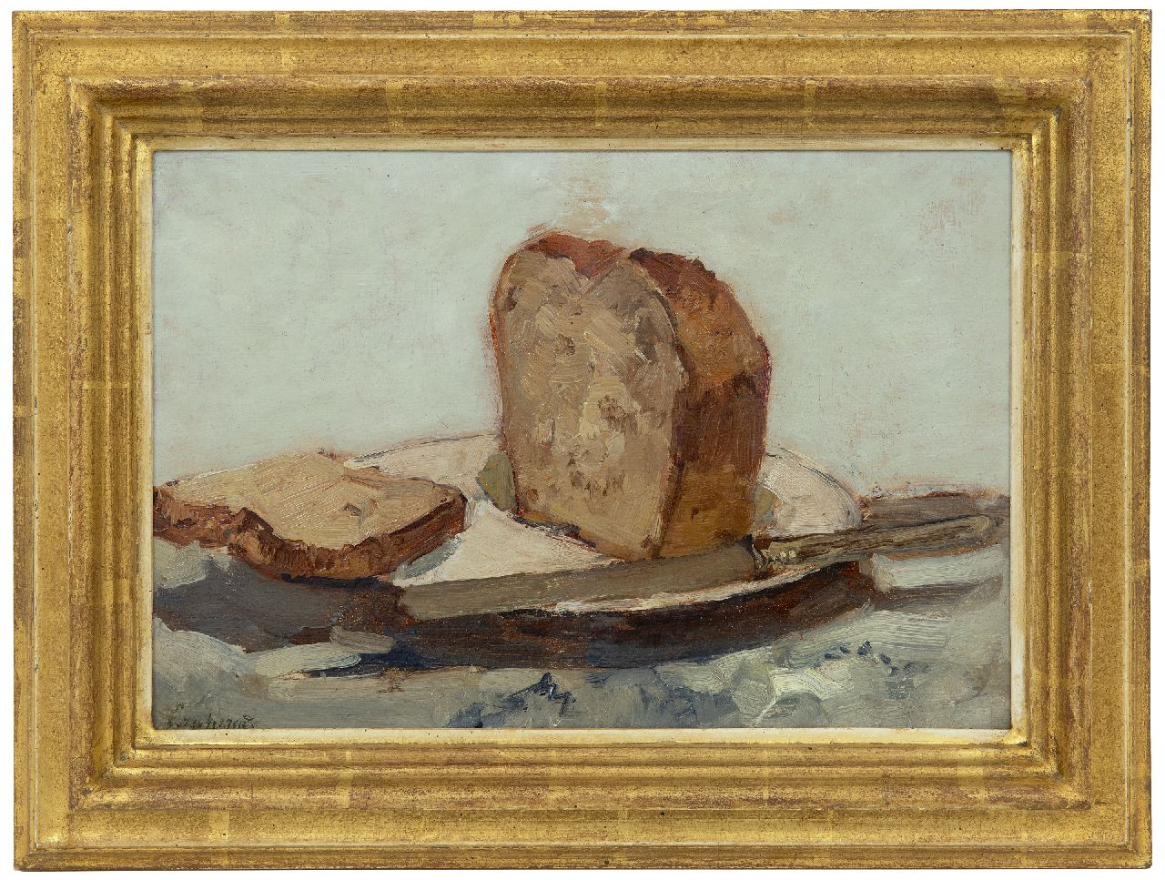 Windt Ch. van der | Christophe 'Chris' van der Windt, Stilleben mit geschnittener Brot, Öl auf Malereifaser 21,4 x 31,6 cm, Unterzeichnet u.l.