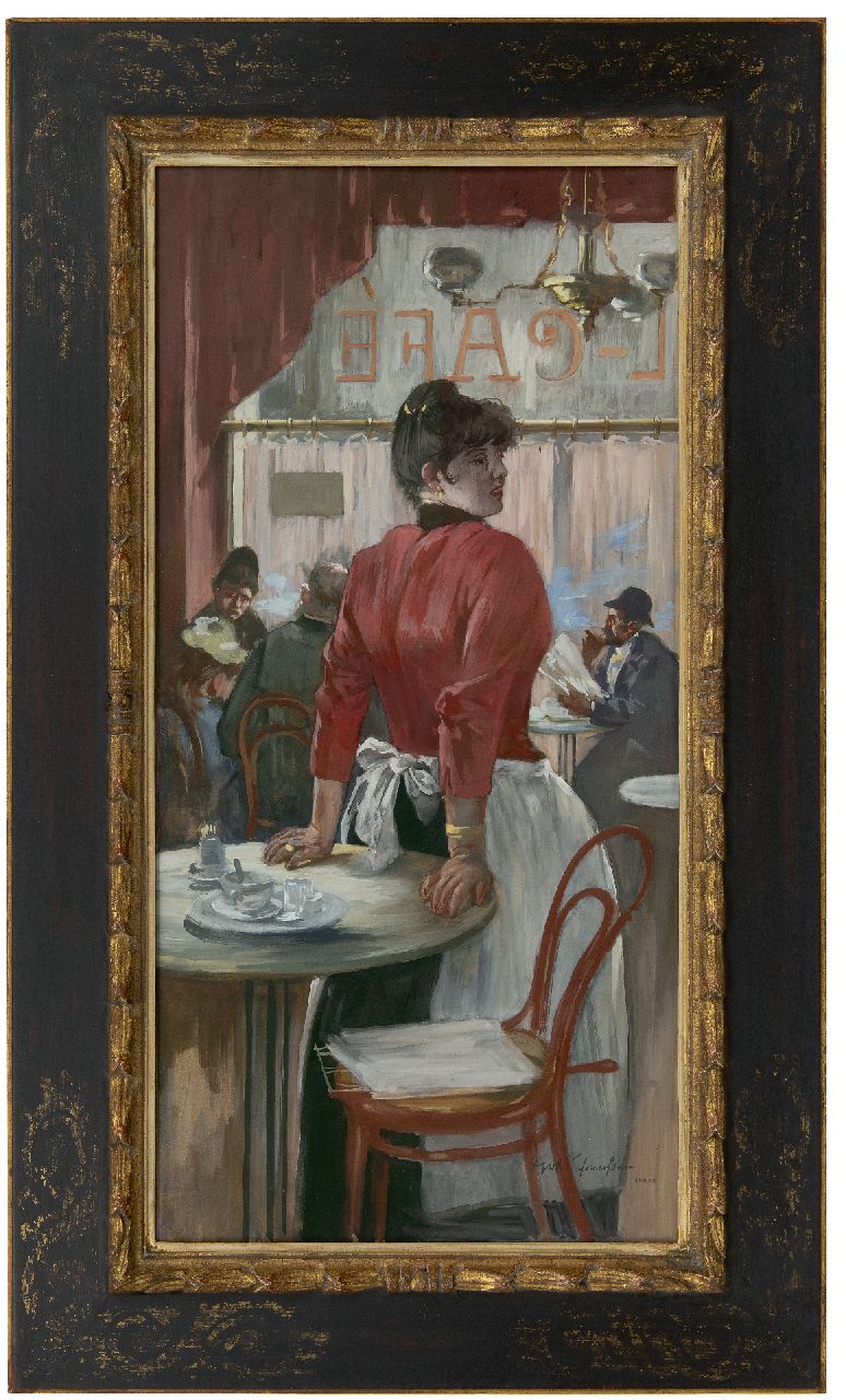 Janssen G.  | Gerhard Janssen | Aquarelle und Zeichnungen zum Verkauf angeboten | Im Café, Gouache auf Holzfaser 74,4 x 36,5 cm, zu datieren um 1887-1888