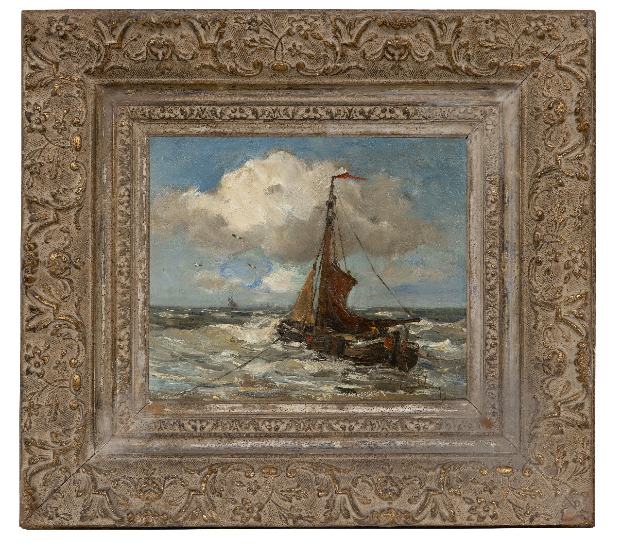 Waning C.A. van | Cornelis Anthonij 'Kees' van Waning | Gemälde zum Verkauf angeboten | 'Bomschiff' vor Anker in der Brandung, Öl auf Leinwand 25,2 x 31,0 cm, Unterzeichnet u.r.