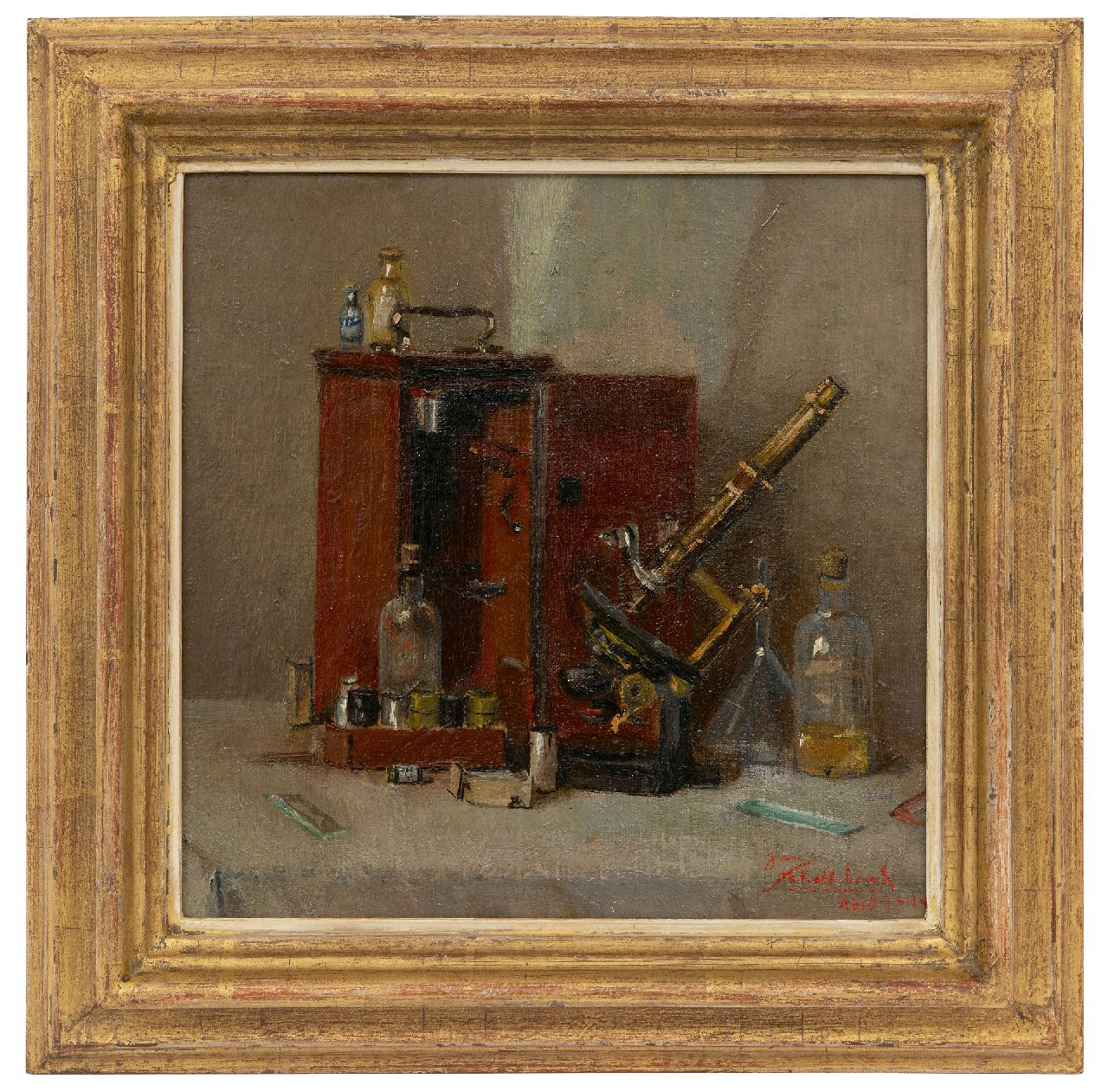 Schellekens J.  | Jan Schellekens | Gemälde zum Verkauf angeboten | Stilleben von Apothekerinstrumente, Öl auf Leinwand 25,0 x 25,0 cm, Unterzeichnet u.r. und datiert April 1944