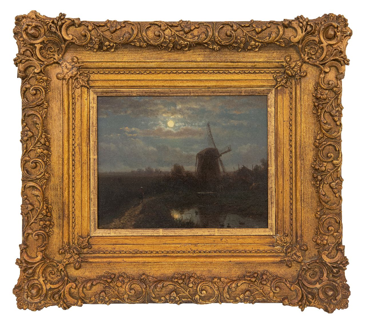 Immerzeel C.  | Christiaan Immerzeel | Gemälde zum Verkauf angeboten | Mondscheinlandschaft mit Windmühle, Öl auf Holz 21,0 x 26,0 cm