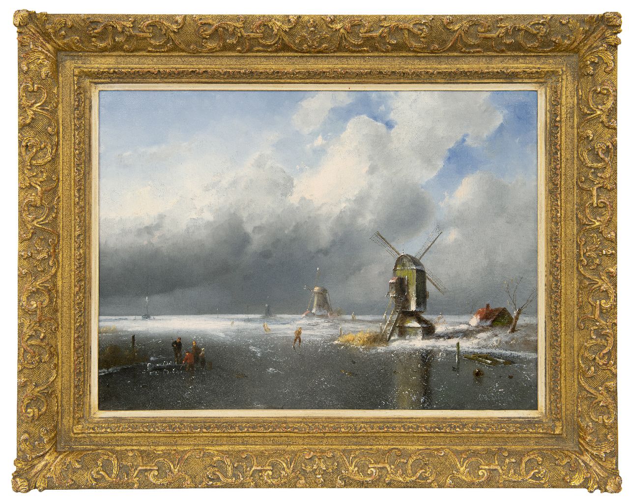 Leickert C.H.J.  | 'Charles' Henri Joseph Leickert, Figuren auf dem Eis in einem herannahenden Schneesturm, Öl auf Leinwand 42,2 x 58,2 cm, Unterzeichnet u.r.