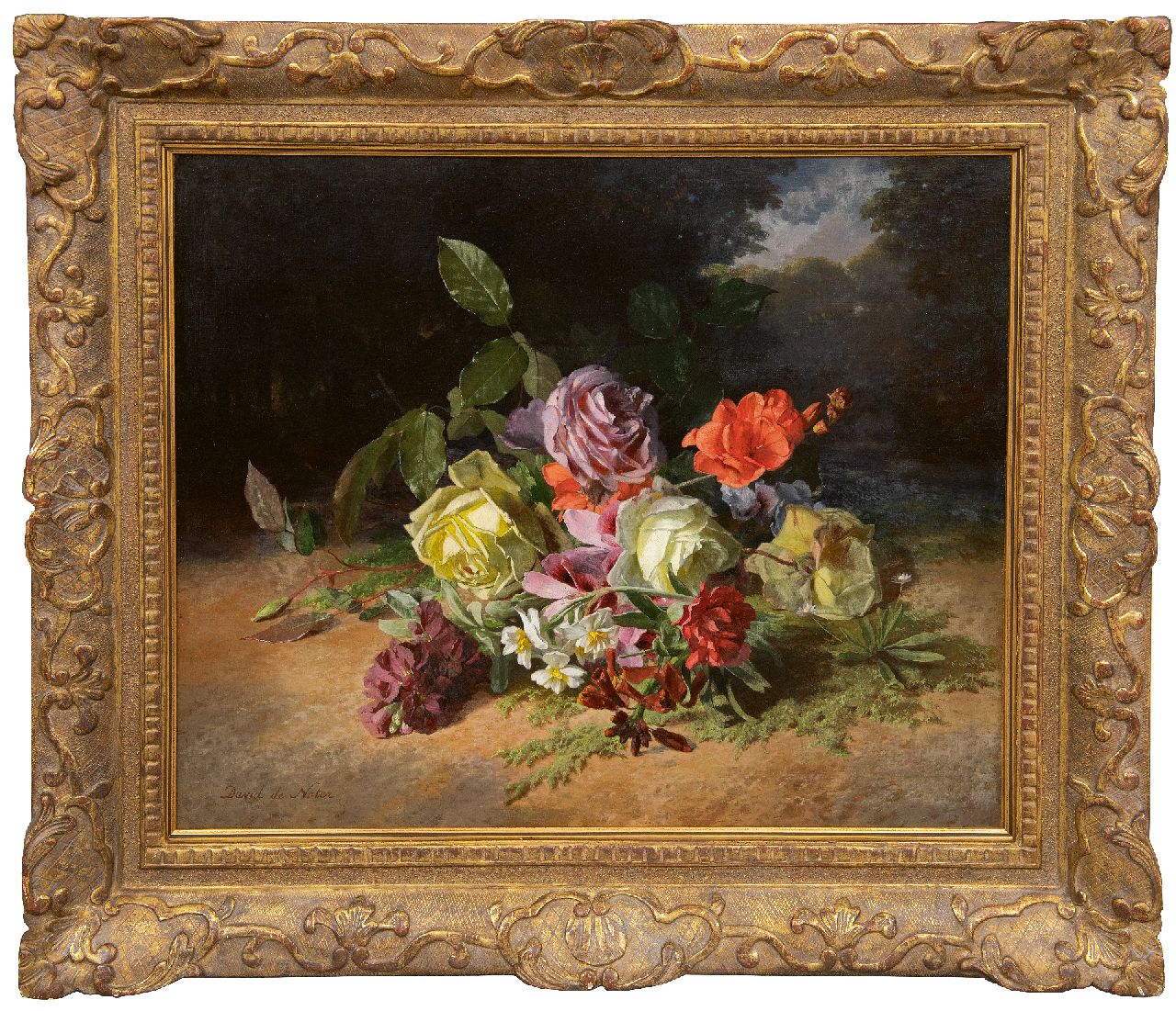 Noter D.E.J. de | 'David' Emile Joseph de Noter | Gemälde zum Verkauf angeboten | Rosen und Sommerblumen auf dem Waldboden, Öl auf Leinwand 46,3 x 55,1 cm, Unterzeichnet u.l.