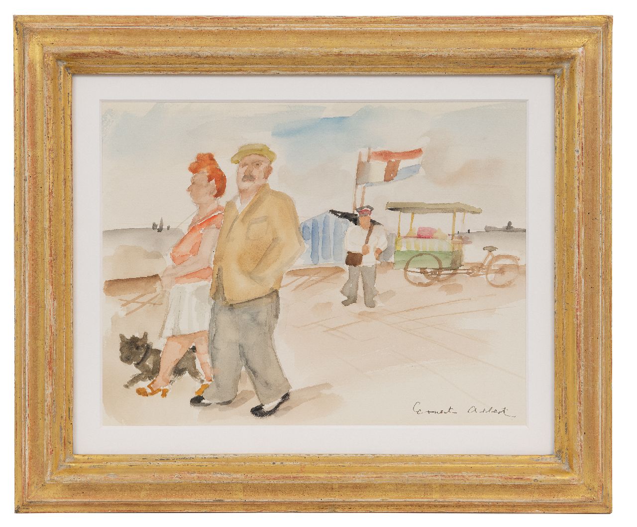 Albert E.  | Ernest Albert | Aquarelle und Zeichnungen zum Verkauf angeboten | Paar mit Hund auf dem Boulevard, Aquarell auf Papier 26,0 x 35,0 cm, Unterzeichnet u.r.