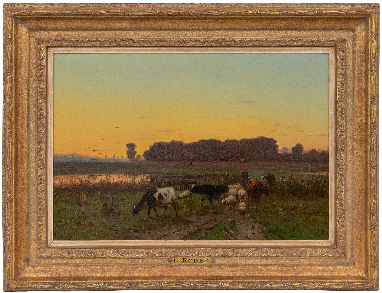 Robbe H.A.  | Henri Alexander Robbe | Gemälde zum Verkauf angeboten | Hirtin und Vieh auf dem Heimweg, Öl auf Leinwand 34,1 x 49,8 cm, Unterzeichnet u.r.