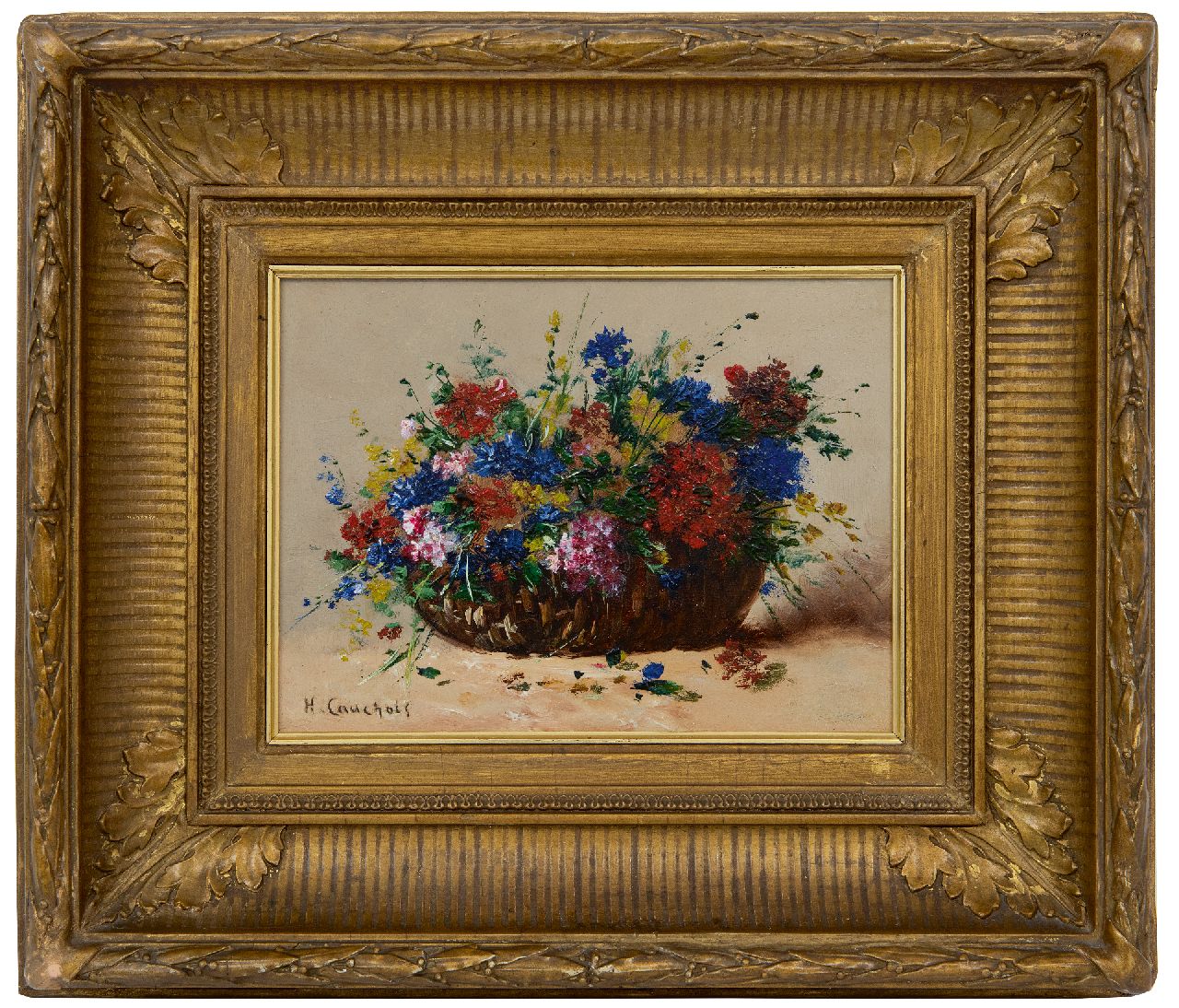 Cauchois E.H.  | Eugène-Henri Cauchois, Sommerblumen im Korb, Öl auf Holz 16,8 x 24,1 cm, Unterzeichnet u.l.