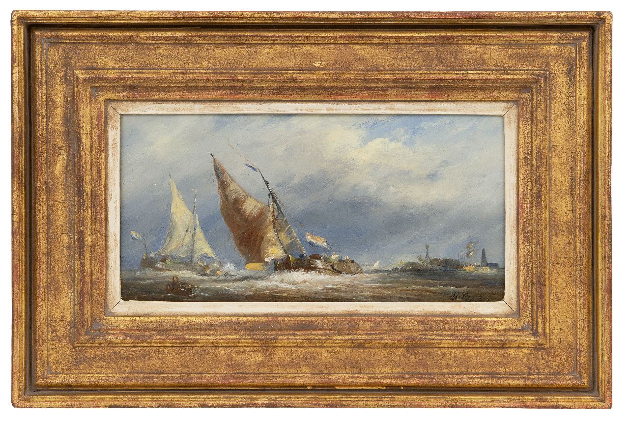 Prooijen A.J. van | Albert Jurardus van Prooijen | Gemälde zum Verkauf angeboten | Segelschiffe bei stürmischem Wetter, Öl auf Holz 14,7 x 29,4 cm, Unterzeichnet u.r.