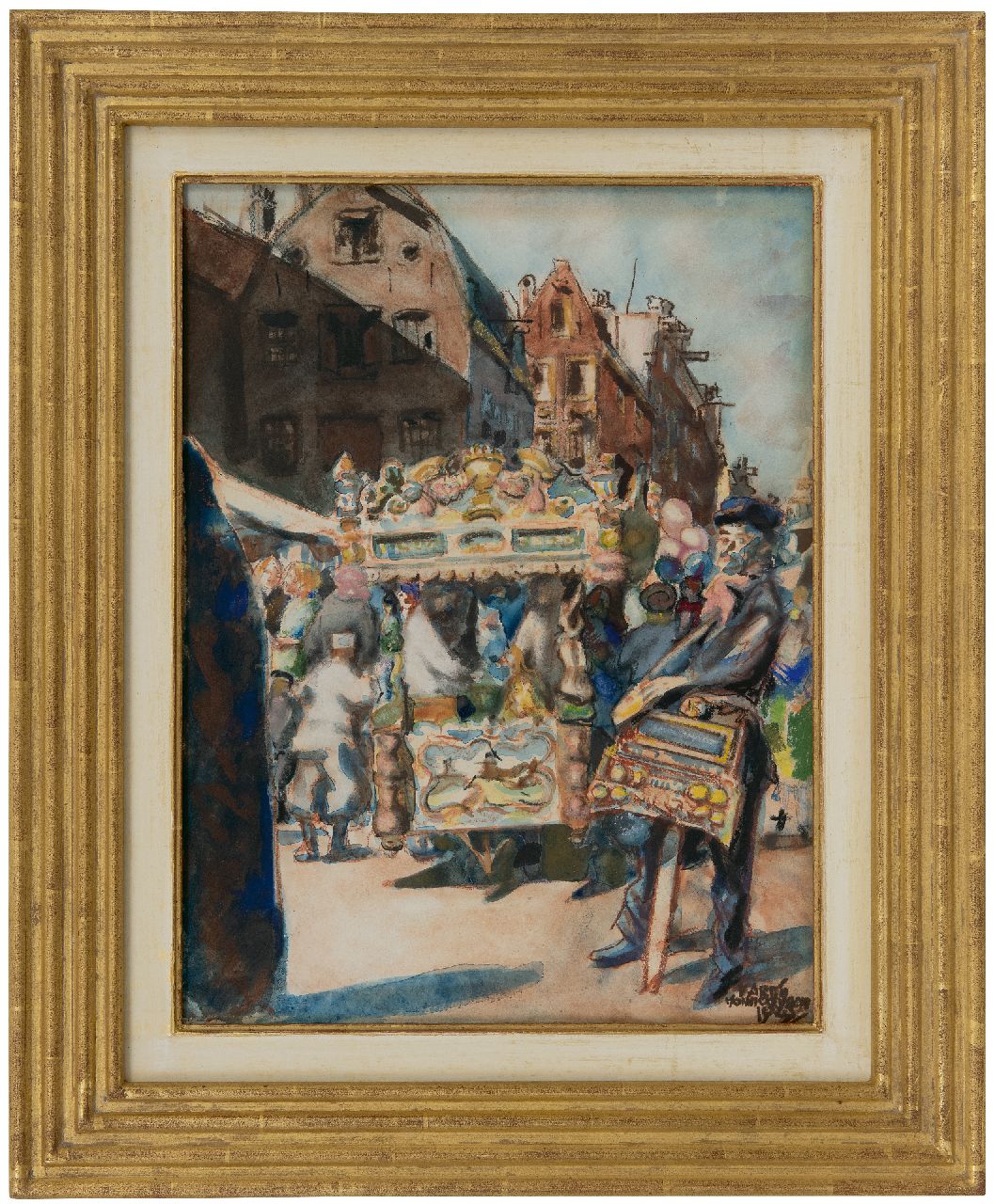 Monnickendam M.  | Martin Monnickendam, Eiswagen und Fassorgel am Waterlooplein in Amsterdam, Pastell und Aquarell auf Papier 38,5 x 29,0 cm, Unterzeichnet u.r. und datiert 1925