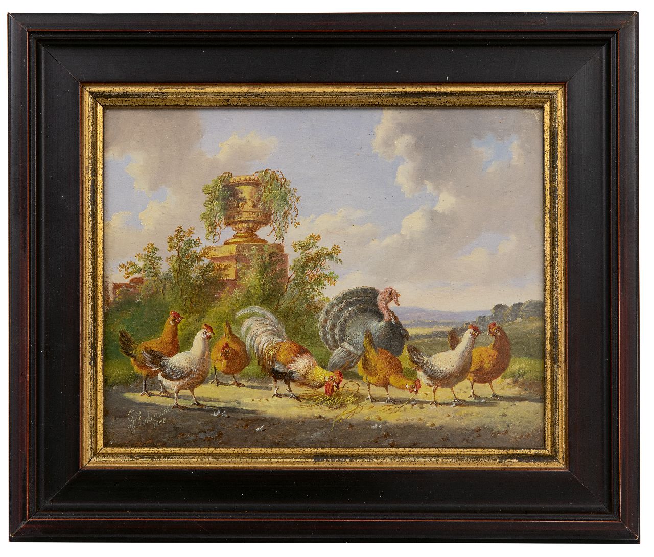 Verhoesen A.  | Albertus Verhoesen | Gemälde zum Verkauf angeboten | Geflügel in einer Landschaft, Öl auf Holz 14,3 x 18,6 cm, Unterzeichnet u.l. und datiert 1878